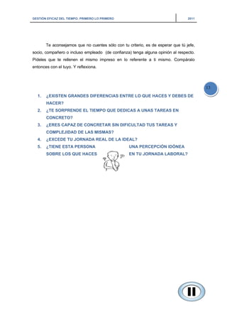 GESTIÓN EFICAZ DEL TIEMPO: PRIMERO LO PRIMERO 2011
13
Te aconsejamos que no cuentes sólo con tu criterio, es de esperar que tú jefe,
socio, compañero o incluso empleado (de confianza) tenga alguna opinión al respecto.
Pídeles que te rellenen el mismo impreso en lo referente a ti mismo. Compáralo
entonces con el tuyo. Y reflexiona.
1. ¿EXISTEN GRANDES DIFERENCIAS ENTRE LO QUE HACES Y DEBES DE
HACER?
2. ¿TE SORPRENDE EL TIEMPO QUE DEDICAS A UNAS TAREAS EN
CONCRETO?
3. ¿ERES CAPAZ DE CONCRETAR SIN DIFICULTAD TUS TAREAS Y
COMPLEJIDAD DE LAS MISMAS?
4. ¿EXCEDE TU JORNADA REAL DE LA IDEAL?
5. ¿TIENE ESTA PERSONA UNA PERCEPCIÓN IDÓNEA
SOBRE LOS QUE HACES EN TU JORNADA LABORAL?
 