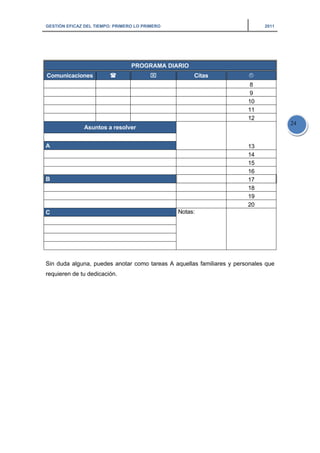GESTIÓN EFICAZ DEL TIEMPO: PRIMERO LO PRIMERO 2011
24
PROGRAMA DIARIO
Comunicaciones ⌧ Citas
8
9
10
11
12
Asuntos a resolver
13A
14
15
16
B 17
18
19
20
C Notas:
Sin duda alguna, puedes anotar como tareas A aquellas familiares y personales que
requieren de tu dedicación.
 