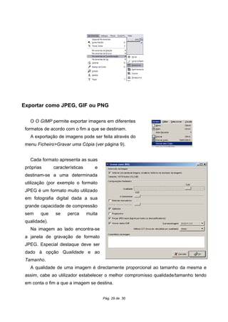 Exportar como JPEG, GIF ou PNG
O O GIMP permite exportar imagens em diferentes
formatos de acordo com o fim a que se destinam.
A exportação de imagens pode ser feita através do
menu Ficheiro>Gravar uma Cópia (ver página 9).
Cada formato apresenta as suas
próprias características e
destinam-se a uma determinada
utilização (por exemplo o formato
JPEG é um formato muito utilizado
em fotografia digital dada a sua
grande capacidade de compressão
sem que se perca muita
qualidade).
Na imagem ao lado encontra-se
a janela de gravação de formato
JPEG. Especial destaque deve ser
dado à opção Qualidade e ao
Tamanho.
A qualidade de uma imagem é directamente proporcional ao tamanho da mesma e
assim, cabe ao utilizador estabelecer o melhor compromisso qualidade/tamanho tendo
em conta o fim a que a imagem se destina.
Pág. 29 de 30
 