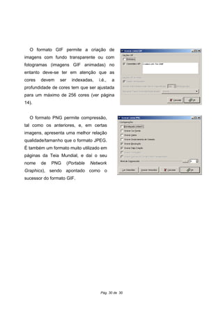 O formato GIF permite a criação de
imagens com fundo transparente ou com
fotogramas (imagens GIF animadas) no
entanto deve-se ter em atenção que as
cores devem ser indexadas, i.é., a
profundidade de cores tem que ser ajustada
para um máximo de 256 cores (ver página
14).
O formato PNG permite compressão,
tal como os anteriores, e, em certas
imagens, apresenta uma melhor relação
qualidade/tamanho que o formato JPEG.
É também um formato muito utilizado em
páginas da Teia Mundial, e daí o seu
nome de PNG (Portable Network
Graphics), sendo apontado como o
sucessor do formato GIF.
Pág. 30 de 30
 