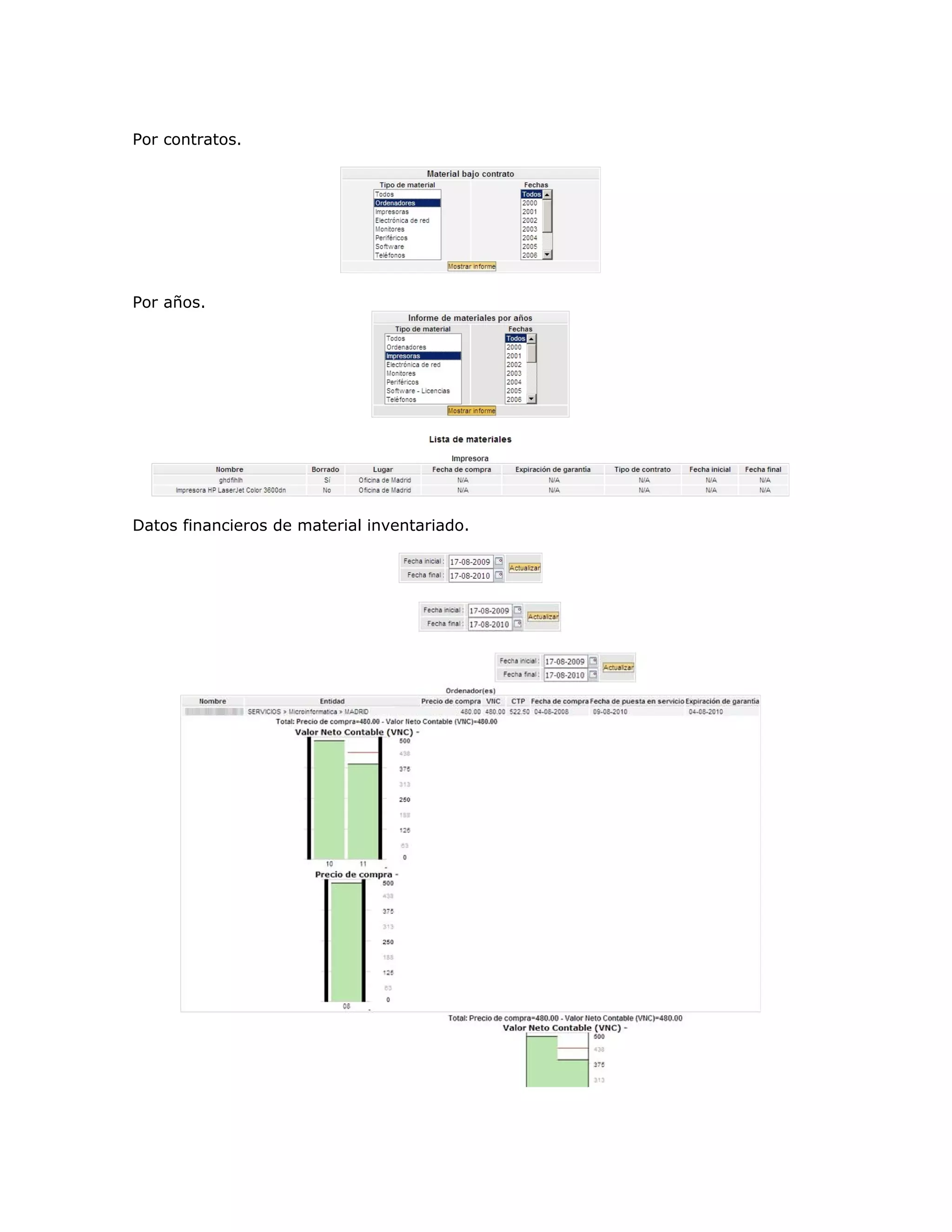 Por contratos.
Por años.
Datos financieros de material inventariado.
 