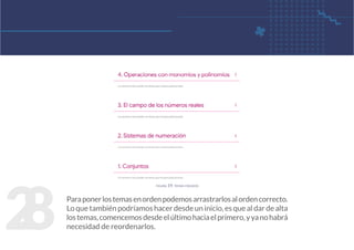 2
8 Paraponerlostemasenordenpodemosarrastrarlosalordencorrecto.
Lo que también podríamos hacer desde un inicio, es que al dar de alta
lostemas,comencemosdesdeelúltimohaciaelprimero,yyanohabrá
necesidad de reordenarlos.
figura 19. temas creados
 