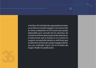 •Archivo.Enestetipodecargapodemostener
unarchivoennuestroequipoyconestaacción
lo vamos a depositar en Drive para que quede
disponible para consulta de los alumnos. Se
creadelamismamaneraquelosdosanteriores,
al seleccionar que la fuente es un archivo se
cargará una pantalla donde se solicitará que
arrastrelosarchivosdenuestroequipoaDrive,
una vez realizado, hacer clic en el botón de
Cargar. Realice la publicación.
3
6
 