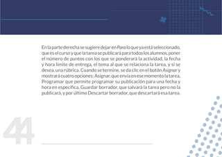 4
4
EnlapartederechasesugieredejarenParaloqueyaestáseleccionado,
queeselcursoyquelatareasepublicaráparatodoslosalumnos,poner
el número de puntos con los que se ponderará la actividad, la fecha
y hora límite de entrega, el tema al que se relaciona la tarea, y si se
desea, una rúbrica. Cuando se termine, se da clic en el botón Asignar y
mostrarácuatroopciones:Asignar,queenvíaenesemomentolatarea,
Programar que permite programar su publicación para una fecha y
hora en específica, Guardar borrador, que salvará la tarea pero no la
publicará, y por último Descartar borrador, que descartará esa tarea.
 