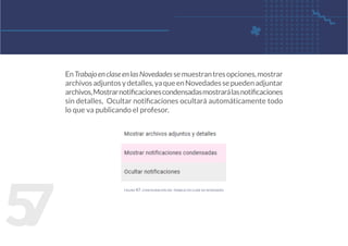 5
7
EnTrabajoenclaseenlasNovedadessemuestrantresopciones,mostrar
archivosadjuntosydetalles,yaqueenNovedadessepuedenadjuntar
archivos,Mostrarnotificacionescondensadasmostrarálasnotificaciones
sin detalles, Ocultar notificaciones ocultará automáticamente todo
lo que va publicando el profesor.
figura 47. configuración del trabajo en clase en novedades
 