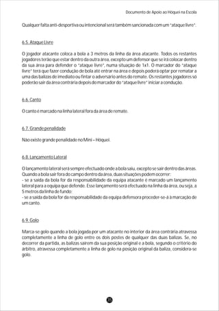 Documento de Apoio ao Hóquei na Escola
Qualquerfaltaanti-desportivaouintencionalserátambémsancionadacomum“ataquelivre”.
6.5.AtaqueLivre
O jogador atacante coloca a bola a 3 metros da linha da área atacante. Todos os restantes
jogadoresterão que estardentro da outra área,excepto um defensor que seirá colocardentro
da sua área para defender o “ataque livre”, numa situação de 1x1. O marcador do “ataque
livre” terá que fazer condução de bola até entrar na área e depois poderá optar por rematar a
uma das balizas de imediato ou fintar o adversário antes do remate. Os restantes jogadores só
poderãosairdaáreacontráriadepoisdomarcadordo“ataquelivre”iniciaracondução.
6.6.Canto
Ocantoémarcadonalinhalateralforadaáreaderemate.
6.7.Grandepenalidade
NãoexistegrandepenalidadenoMini–Hóquei.
6.8.LançamentoLateral
Olançamentolateralserásempreefectuadoondeabolasaiu,exceptosesairdentrodasáreas.
Quandoabolasairforadocampodentrodaárea,duassituaçõespodemocorrer:
- se a saída da bola for da responsabilidade da equipa atacante é marcado um lançamento
lateral para a equipa que defende. Esse lançamento será efectuado na linha da área, ou seja, a
5metrosdalinhadefundo;
- se a saída da bola for da responsabilidade da equipa defensora proceder-se-á à marcação de
umcanto.
6.9.Golo
Marca-se golo quando a bola jogada por um atacante no interior da área contrária atravessa
completamente a linha de golo entre os dois postes de qualquer das duas balizas. Se, no
decorrer da partida, as balizas saírem da sua posição original e a bola, segundo o critério do
árbitro, atravessa completamente a linha de golo na posição original da baliza, considera-se
golo.
35
 