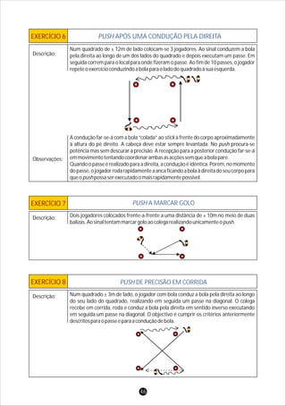 EXERCÍCIO 6 PUSH APÓS UMA CONDUÇÃO PELA DIREITA
Descrição:
Observações:
EXERCÍCIO 7 PUSH A MARCAR GOLO
EXERCÍCIO 8 PUSH DE PRECISÃO EM CORRIDA
Descrição:
Num quadrado de ± 12m de lado colocam-se 3 jogadores. Ao sinal conduzem a bola
pela direita ao longo de um dos lados do quadrado e depois executam um passe. Em
seguida correm para o local para onde fizeram o passe. Ao fim de 10 passes, o jogador
repeteoexercícioconduzindoabolaparaoladodoquadradoàsuaesquerda.
A condução far-se-á com a bola “colada” ao stick à frente do corpo aproximadamente
à altura do pé direito. A cabeça deve estar sempre levantada. No push procura-se
potência mas sem descurar a precisão. A recepção para a posterior condução far-se-á
emmovimentotentandocoordenarambasasacçõessemqueabolapare.
Quando o passe é realizado para a direita, a condução é idêntica. Porém, no momento
dopasse,ojogadorrodarapidamenteaancaficandoabolaàdireitadoseucorpopara
queopushpossaserexecutadoomaisrapidamentepossível.
Dois jogadores colocados frente-a-frente a uma distância de ± 10m no meio de duas
balizas.Aosinaltentammarcargoloaocolegarealizandounicamenteopush.
Descrição:
Num quadrado ± 3m de lado, o jogador com bola conduz a bola pela direita ao longo
do seu lado do quadrado, realizando em seguida um passe na diagonal. O colega
recebe em corrida, roda e conduz a bola pela direita em sentido inverso executando
em seguida um passe na diagonal. O objectivo é cumprir os critérios anteriormente
descritosparaopasseeparaaconduçãodebola.
46
 