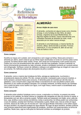Como comprar
Escolha os maços com cuidado, sem amassá-los e sem rasgar as folhas. Deixe para comprar o
almeirão por último, assim evita-se que as folhas sejam danificadas no fundo do carrinho pelas outras
compras. As folhas devem estar verdes, firmes, sem sinais de murchamento e sem pontos escuros.
Folhas com início de amarelecimento são velhas e não têm boa qualidade. Compre o almeirão na
forma minimamente processada (ou seja, já lavado, picado e embalado) somente se o produto estiver
sob refrigeração. Verifique o prazo de validade e coloque-o em geladeira logo ao chegar em casa com
as compras. Os melhores preços são alcançados de julho a outubro.
Como conservar
O almeirão, como a maioria das hortaliças de folha, estraga-se rapidamente, murchando e
amarelecendo depois de colhido. Por isto, compre somente o necessário para consumo imediato, e
tenha sempre o produto fresco para consumo. O almeirão pode ser mantido por até três dias na
geladeira. Lave e escorra bem a água das folhas e acondicione em saco de plástico próprio para
alimentos ou em vasilha de plástico tampada. Em condição ambiente, as folhas devem ser mantidas
com a parte de baixo numa vasilha com água, e em lugar fresco; mesmo assim a durabilidade será
menor que um dia.
Como consumir
O almeirão pode substituir hortaliças como a couve, o espinafre e a chicória, no preparo de pratos
quentes ou em saladas. As folhas inteiras ou rasgadas são refogadas em óleo de cozinha ou azeite, e
temperadas com sal, alho e pimenta a gosto. Também pode ser preparado com feijão, arroz, grão-de-
bico, soja, lentilha e como recheio de bolinhos, tortas e sanduíches. As folhas podem ser consumidas
cruas em saladas, picadas bem fininhas e temperadas a gosto. Neste caso, lave-as antes em água
corrente, deixe-as de molho por 20 minutos em 1 litro de água filtrada misturada à uma colher (sopa)
de água sanitária, em seguida enxágüe em água filtrada. No lugar da água sanitária, também pode-se
usar produtos específicos para higienização de hortaliças, vendidos nos supermercados na forma de
pastilhas. Neste caso, siga as instruções do fabricante contidas na embalagem do produto.
ALMEIRÃO
Arroz e feijão de cara nova
O almeirão, conhecido em alguns locais como chicória
amarga, é uma hortaliça do tipo folha, de sabor
amargo, originária da Europa Mediterrânea. Em
algumas regiões do Brasil, cresce naturalmente uma
variedade chamada de almeirão do mato, muito
apreciado por ter sabor menos amargo.
O almeirão é uma Asteraceae, a mesma família da
chicória, alface, dente-de-leão e serralha. Fornece
vitaminas A, C e do complexo B, além de ser boa
fonte de fósforo e ferro.
Ameno 12-24ºC
Areno Argiloso
Ano Todo
20x20cm
Diárias
150g BOKASHI a
cada 15 dias
Pulgões, Lesmas
Lagartas
Calda de fumo
Óleo de Neen
70d Colher Folhas
após transplante
Vit. A,B1,B2,
B3,Cálcio,Fósforo
e Ferro.
Como a maioria
das hortaliças
de folha é
originário da
Europa. É ótimo
estimulante do
fígado. Pode-se
fazer até 8
Cichorium
intybus
Cichorioideas
- SEMENTEIRA
11
 