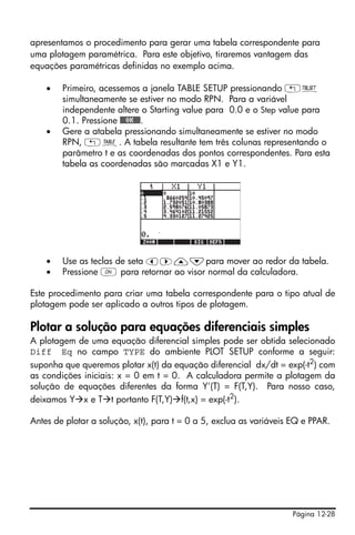apresentamos o procedimento para gerar uma tabela correspondente para
uma plotagem paramétrica. Para este objetivo, tiraremos vantagem das
equações paramétricas definidas no exemplo acima.

    •   Primeiro, acessemos a janela TABLE SETUP pressionando „õ
        simultaneamente se estiver no modo RPN. Para a variável
        independente altere o Starting value para 0.0 e o Step value para
        0.1. Pressione @@@OK@@@.
    •   Gere a atabela pressionando simultaneamente se estiver no modo
        RPN, „ö. A tabela resultante tem três colunas representando o
        parâmetro t e as coordenadas dos pontos correspondentes. Para esta
        tabela as coordenadas são marcadas X1 e Y1.




    •   Use as teclas de seta š™—˜para mover ao redor da tabela.
    •   Pressione $ para retornar ao visor normal da calculadora.

Este procedimento para criar uma tabela correspondente para o tipo atual de
plotagem pode ser aplicado a outros tipos de plotagem.

Plotar a solução para equações diferenciais simples
A plotagem de uma equação diferencial simples pode ser obtida selecionado
Diff Eq no campo TYPE do ambiente PLOT SETUP conforme a seguir:
suponha que queremos plotar x(t) da equação diferencial dx/dt = exp(-t2) com
as condições iniciais: x = 0 em t = 0. A calculadora permite a plotagem da
solução de equações diferentes da forma Y'(T) = F(T,Y). Para nosso caso,
deixamos Y x e T t portanto F(T,Y) f(t,x) = exp(-t2).

Antes de plotar a solução, x(t), para t = 0 a 5, exclua as variáveis EQ e PPAR.




                                                                     Página 12-28
 