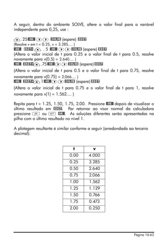 A seguir, dentro do ambiente SOLVE, altere o valor final para a variável
independente para 0,25, use :

—.25 @@OK@@ ™™ @SOLVE (espere) @EDIT
(Resolve v em t = 0.25, v = 3.285.... )
@@OK@@ INIT+ — . 5 @@OK@@ ™™@SOLVE (espere) @EDIT
(Altera o valor inicial de t para 0.25 e o valor final de t para 0.5, resolve
novamente para v(0.5) = 2.640.... )
@@OK@@ @INIT+—.75 @@OK@@ ™™@SOLVE (espere) @EDIT
(Altera o valor inicial de t para 0.5 e o valor final de t para 0.75, resolve
novamente para v(0.75) = 2.066.... )
@@OK@@ @INIT+—1 @@OK@@ ™™@SOLVE (espere) @EDIT
(Altera o valor inicial de t para 0.75 e o valor final de t para 1, resolve
novamente para v(1) = 1.562.... )

Repita para t = 1.25, 1.50, 1.75, 2.00. Pressione @@OK@@ depois de visualizar o
último resultado em @EDIT. Par retornar ao visor normal da calculadora
pressione $ ou L @OK@@. As soluções diferentes serão apresentadas na
pilha com o último resultado no nível 1.

A plotagem resultante é similar conforme a seguir (arredondado ao terceiro
decimal):


                                      t     v
                                   0.00   4.000
                                   0.25   3.285
                                   0.50   2.640
                                   0.75   2.066
                                   1.00   1.562
                                   1.25   1.129
                                   1.50   0.766
                                   1.75   0.473
                                   2.00   0.250




                                                                   Página 16-63
 
