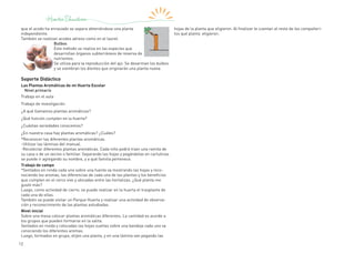 12
que el acodo ha enraizado se separa obteniéndose una planta
independiente.
También se realizan acodos aéreos como en el laurel.
Bulbos
Este método se realiza en las especies que
desarrollan órganos subterráneos de reserva de
nutrientes.
Se utiliza para la reproducción del ajo. Se desarman los bulbos
y se siembran los dientes que originarán una planta nueva.
Soporte Didáctico
Las Plantas Aromáticas de mi Huerta Escolar
Nivel primario
Trabajo en el aula
Trabajo de investigación
¿A qué llamamos plantas aromáticas?
¿Qué función cumplen en la huerta?
¿Cuántas variedades conocemos?
¿En nuestra casa hay plantas aromáticas? ¿Cuáles?
*Reconocer las diferentes plantas aromáticas.
-Utilizar las láminas del manual.
-Recolectar diferentes plantas aromáticas. Cada niño podrá traer una ramita de
su casa o de un vecino o familiar. Separando las hojas y pegándolas en cartulinas
se puede ir agregando su nombre, y a qué familia pertenece.
Trabajo de campo
*Sentados en ronda cada uno sobre una fuente va mostrando las hojas y reco-
nociendo los aromas, las diferencias de cada una de las plantas y los beneficios
que cumplen en el cerco vivo y ubicadas entre las hortalizas. ¿Qué planta me
gustó más?
Luego, como actividad de cierre, se puede realizar en la huerta el trasplante de
cada una de ellas.
También se puede visitar un Parque Huerta y realizar una actividad de observa-
ción y reconocimiento de las plantas estudiadas.
Nivel inicial
Sobre una mesa colocar plantas aromáticas diferentes. La cantidad es acorde a
los grupos que pueden formarse en la salita.
Sentados en ronda y colocadas las hojas sueltas sobre una bandeja cada uno va
conociendo los diferentes aromas.
Luego, formados en grupo, elijen una planta, y en una lámina van pegando las
hojas de la planta que eligieron. Al finalizar le cuentan al resto de los compañeri-
tos qué planta eligieron.
 