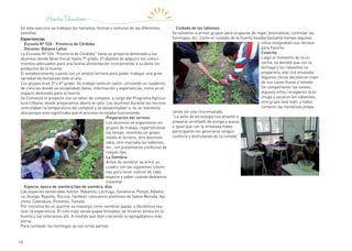 16
En este ejercicio se trabajan los tamaños, formas y texturas de las diferentes
semillas.
Experiencias
Escuela Nº 526 - Provincia de Córdoba
Docente: Bibiana Lahoz
La Escuela Nº 526 “Provincia de Córdoba” tiene un proyecto destinado a los
alumnos desde Nivel Inicial hasta 7ª grado. El objetivo es adquirir los conoci-
mientos adecuados para una buena alimentación incorporando a su dieta los
productos de la huerta.
El establecimiento cuenta con un amplio terreno para poder trabajar una gran
variedad de hortalizas todo el año.
Los grupos eran 5º y 6º grado. Se trabajó tanto en salón, utilizando un cuaderno
de ciencias donde se recopilaban datos, información y experiencias, como en el
espacio destinado para la huerta.
Se Comenzó el proyecto con un taller de compost, a cargo del Programa Agricul-
tura Urbana, donde preparamos abono en pila. Los alumnos durante los recreos
controlaban la temperatura del compost y se desanimaban si no se mantenía
alta porque esto significaba que el proceso no estaba funcionando.
Preparación del terreno
Los alumnos se organizaron en
grupos de trabajo, repartiéndose
las tareas: mientras un grupo
medía el terreno, otro desmale-
zaba, otro marcaba los tablones,
etc., sin presentarse conflictos de
ningún tipo.
La Siembra
Antes de sembrar se armó un
cuadro con las siguientes colum-
nas para tener control de cada
especie y saber cuándo debíamos
cosechar
Especie, época de siembra,tipo de siembra, días
Las especies sembradas fueron: Rabanito, Lechuga, Zanahoria, Perejil, Albaha-
ca, Acelga, Repollo, Rúcula. También colocamos plantines de Salvia Morada, Ajo
chino, Caléndula, Pimiento, Tomate.
Por iniciativa de un alumno se investigó como sembrar papas, y decidimos rea-
lizar la experiencia. El niño trajo varias papas brotadas, se hicieron lomos en la
huerta y las colocamos allí. A medida que iban creciendo le agregábamos más
tierra.
Para combatir las hormigas se usó arroz partido
Cuidado de los tablones
Se volvieron a armar grupos para ocuparse de regar, desmalezar, controlar las
hormigas, etc. Como el cuidado de la huerta llevaba bastante tiempo algunos
niños resignaban sus recreos
para hacerlo.
Cosecha
Llegó el momento de la co-
secha, se decidió que con la
lechuga y los rabanitos se
prepararía una rica ensalada.
Algunos chicos decidieron traer
de sus casas huevo y tomate.
Se compartieron las tareas:
algunos niños recogieron la le-
chuga y sacaron los rabanitos,
otro grupo lavó todo, y todos
cortaron las hortalizas prepa-
rando así una rica ensalada.
“La seño de tecnología nos enseñó a
preparar arrollado de acelga y queso,
e igual que con la ensalada todos
participaron sin generarse ningún
conflicto y disfrutando de la comida”.
 