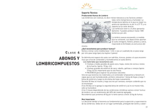 21
C l a s e 4
ABONOS Y
LOMBRICOMPUESTOS
Soporte Técnico
Produciendo Humus de Lombriz
Las lombrices son rústicas, es decir tienen tolerancia a los factores ambien-
tales como temperatura y humedad. La
temperatura óptima en la que es mayor su
potencial reproductor es de 14 a 27 °C y no
soporta la luz solar directa.
Las lombrices viven 4 o 5 años aproxima-
damente. Y pueden producir hasta 1300
lombrices por año
La lombriz avanza excavando y a medida
que va comiendo, sus deyecciones aportan
al suelo nitrógeno, fósforo, potasio y calcio,
mejorando la fertilidad y la estructura del
mismo.
¿Qué necesitamos para producir humus?
Vamos a tomar como medida base 1 mt2, o sea un cuadrado de un paso largo
por otro paso largo (para los bajitos 2 pasos).
Se delimita ese espacio de suelo con ladrillos, troncos, postes o lo que encontre-
mos que sirva de contenedor y humedecemos el suelo dentro.
Los materiales que necesitamos son:
•	2 bolsas y media grandes de pasto seco, hojas, restos de cocina o restos
de la huerta. (aprox. 10 kg. c/u)
•	2 bolsas grandes de estiércol de vaca, caballo, gallinas o conejos (aprox.
10 kg.c/u).Es importante que no sea fresca.
•	PACIENCIA para esperar los procesos naturales
Una vez que tenemos los materiales y el contenedor empezamos a llenarlo en
capas que se van humedeciendo, primero colocamos 1 bolsa de hojas y luego 1
bolsa de estiércol y luego la otra bolsa de hojas nuevamente.
Durante 30 días se mueve y riega una vez por semana, siempre cuidando que no
se encharque.
A los 50 días se le agrega la segunda bolsa de estiércol y ya no se mueve más,
sólo se humedece.
A los 3 meses dependiendo de las condiciones climáticas vamos a tener humus
de lombriz con un rendimiento del 60% del material agregado.
Recordemos que juntamos 40 kg por lo tanto vamos a tener 24 kg.de humus.
Muy Importante
La ubicación donde lo hacemos es fundamental para la aparición y supervivencia
de las lombrices. Debe ser en un lugar sombreado, protegido del viento y cubier-
 