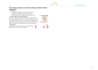 29
Té de abono compuesto (compost) o abono de lombriz (lombri-
compuesto).
Materiales
•	1 bolsa de arpillera o un material filtrante.
•	25 kilos de compost o lombricompuesto.
•	Tanque plástico con 200 lts. de agua de lluvia.
Pasos a seguir para su preparado:
Se coloca la bolsa de abono compuesto o abono de lom-
briz, suspendida del borde de un tambor de 200 litros y se
completa este volumen con agua de lluvia. Se deja hasta
que todo el abono se diluya en el agua, aproximadamente
30 días (la bolsa se comporta como un té en saquitos).
Aplicación:
se riega sobre la tierra, diluyendo una parte del
preparado en cinco partes de agua.
 
