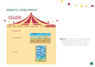 WEBSITE LIVING CIRCUS
22
Figura 8: En esta sección el cliente accede
a diferentes advergamings de la marca.
Al alcanzar la victoria en algún juego,
el cliente obtiene clowns de regalo.
 