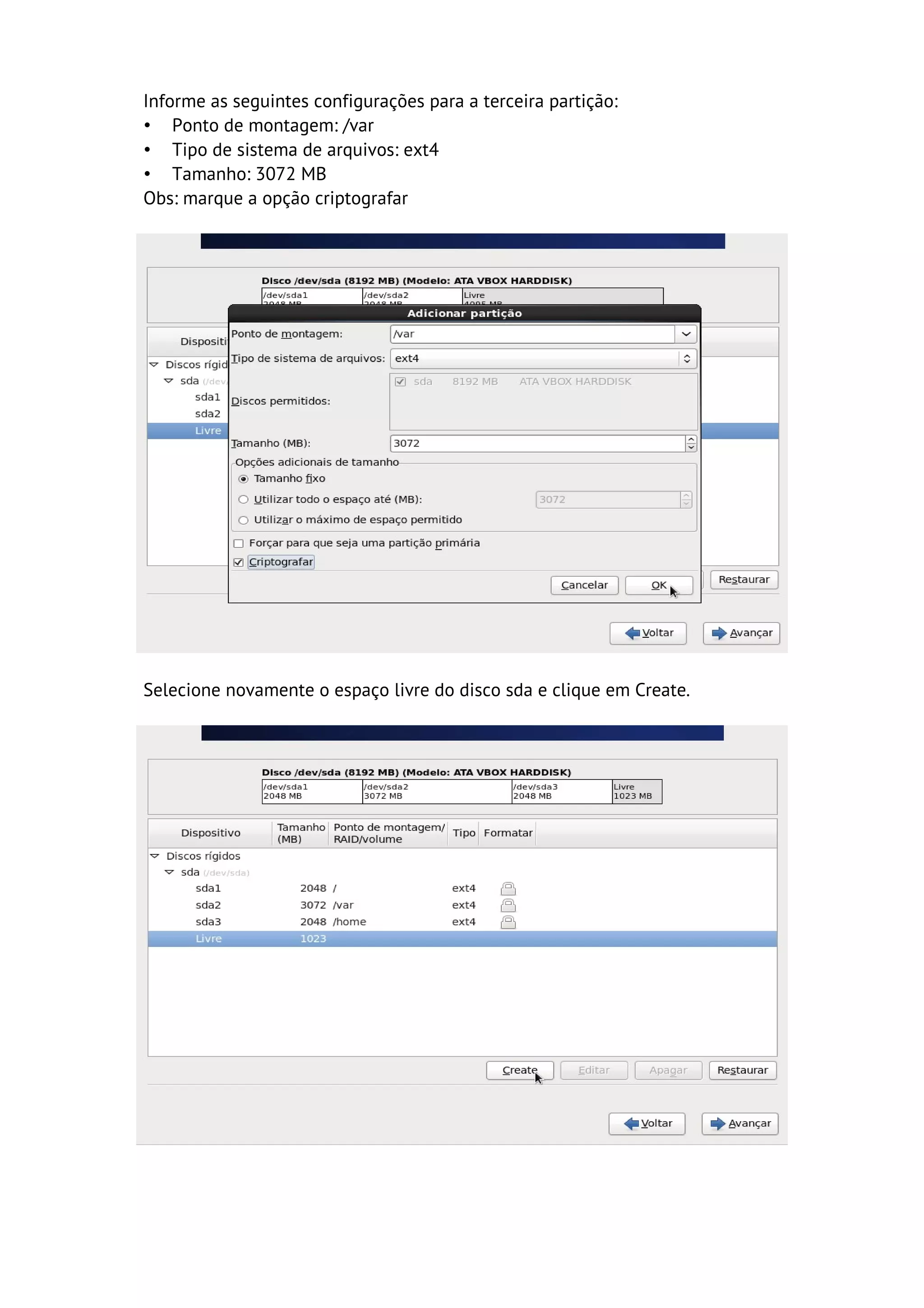 Informe as seguintes configurações para a terceira partição:
• Ponto de montagem: /var
• Tipo de sistema de arquivos: ext4
• Tamanho: 3072 MB
Obs: marque a opção criptografar




Selecione novamente o espaço livre do disco sda e clique em Create.
 