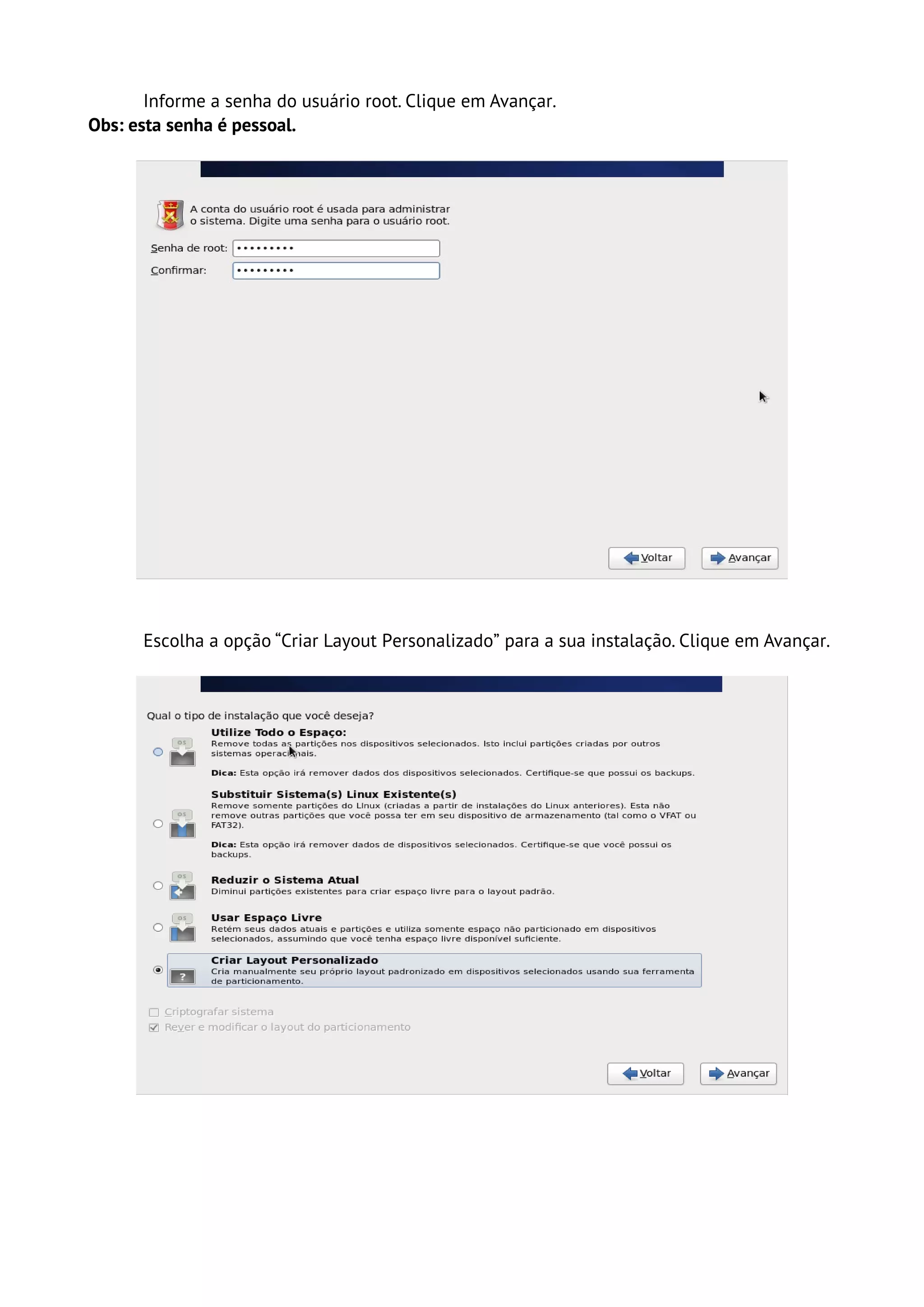 Informe a senha do usuário root. Clique em Avançar.
Obs: esta senha é pessoal.




      Escolha a opção “Criar Layout Personalizado” para a sua instalação. Clique em Avançar.
 