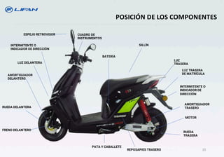 LUZ TRASERA
DE MATRÍCULA
LUZ
TRASERA
MOTOR
POSICIÓN DE LOS COMPONENTES
INTERMITENTE O
INDICADOR DE
DIRECCIÓN
PATA Y CABALLETE
RUEDA
TRASERA
AMORTIGUADOR
TRASERO
INTERMITENTE O
INDICADOR DE DIRECCIÓN
AMORTIGUADOR
DELANTERO
RUEDA DELANTERA
ESPEJO RETROVISOR CUADRO DE
INSTRUMENTOS
LUZ DELANTERA
FRENO DELANTERO
BATERÍA
SILLÍN
REPOSAPIES TRASERO 10
 