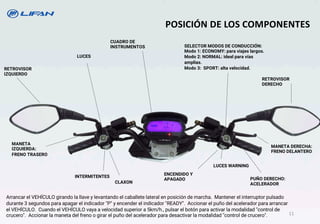 CUADRO DE
INSTRUMENTOS
MANETA
IZQUIERDA:
FRENO TRASERO
PUÑO DERECHO:
ACELERADOR
SELECTOR MODOS DE CONDUCCIÓN:
Modo 1: ECONOMY: para viajes largos.
Modo 2: NORMAL: ideal para vías
amplias.
Modo 3: SPORT: alta velocidad.
LUCES
RETROVISOR
IZQUIERDO
RETROVISOR
DERECHO
POSICIÓN DE LOS COMPONENTES
ENCENDIDO Y
APAGADO
LUCES WARNING
MANETA DERECHA:
FRENO DELANTERO
INTERMITENTES
CLAXON
11
Arrancar el VEHÍCULO girando la llave y levantando el caballete lateral en posición de marcha. Mantener el interruptor pulsado
durante 3 segundos para apagar el indicador "P" y encender el indicador "READY". Accionar el puño del acelerador para arrancar
el VEHÍCULO. Cuando el VEHÍCULO vaya a velocidad superior a 5km/h., pulsar el botón para activar la modalidad "control de
crucero". Accionar la maneta del freno o girar el puño del acelerador para desactivar la modalidad "control de crucero".
 