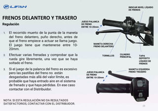 1. El recorrido muerto de la punta de la maneta
del freno delantero, puño derecho, antes de
que el freno empiece a actuar se llama juego.
El juego tiene que mantenerse entre 10-
20mm.
2. Efectuar varias frenadas y comprobar que la
rueda gire libremente, una vez que se haya
soItado el freno.
3. Si eI juego de la palanca del freno es excesivo
pero las pastillas del freno no están
desgastadas más allá del valor límite, es
probable que haya entrado aire en el sistema
de frenado y que haya pérdidas. En ese caso
contactar con el Distribuidor.
NOTA: SI ESTA REGULACIÓN NO DA RESULTADOS
SATISFACTORIOS, CONTACTAR CON EL DISTRIBUIDOR.
Regulación
FRENOS DELANTERO Y TRASERO
CILINDRO
PRINCIPAL
TORNILLOS TAPA
DEPÓSITO
LÍQUIDO DE
FRENOS
INDICAR NIVEL LÍQUIDO
DE FRENOS
23
JUEGO PALANCA
DE FRENO
ENTRE 10-20mm
MANETA DERECHA
FRENO DELANTERO
MANETA IZQUIERDA
FRENO TRASERO
JUEGO PALANCA
DE FRENO
ENTRE 10-20mm
 