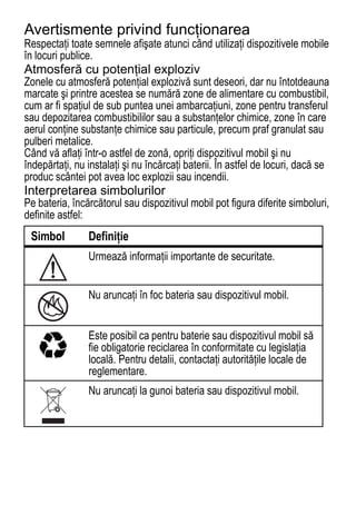 Avertismente privind funcţionarea
Respectaţi toate semnele afişate atunci când utilizaţi dispozitivele mobile
în locuri publice.
Atmosferă cu potenţial exploziv
Zonele cu atmosferă potenţial explozivă sunt deseori, dar nu întotdeauna
marcate şi printre acestea se numără zone de alimentare cu combustibil,
cum ar fi spaţiul de sub puntea unei ambarcaţiuni, zone pentru transferul
sau depozitarea combustibililor sau a substanţelor chimice, zone în care
aerul conţine substanţe chimice sau particule, precum praf granulat sau
pulberi metalice.
Când vă aflaţi într-o astfel de zonă, opriţi dispozitivul mobil şi nu
îndepărtaţi, nu instalaţi şi nu încărcaţi baterii. În astfel de locuri, dacă se
produc scântei pot avea loc explozii sau incendii.
Interpretarea simbolurilor
Pe bateria, încărcătorul sau dispozitivul mobil pot figura diferite simboluri,
definite astfel:
 Simbol         Definiţie
    032374o     Urmează informaţii importante de securitate.


                Nu aruncaţi în foc bateria sau dispozitivul mobil.
    032376o



                Este posibil ca pentru baterie sau dispozitivul mobil să
      032375o
                fie obligatorie reciclarea în conformitate cu legislaţia
                locală. Pentru detalii, contactaţi autorităţile locale de
                reglementare.
                Nu aruncaţi la gunoi bateria sau dispozitivul mobil.




                                                                            73
 
