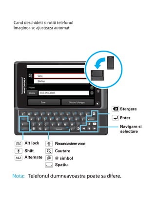 Cand deschideti si rotiti telefonul
imaginea se ajusteaza automat.




                 Sara
                                                            LOCK



                                                                   .




                 Walker

        Phone

        Mobile    555-555-2385


                   Save                   Discard changes


                                                                       Stergere

                                                                       Enter

                                                                       Navigare si
                                                                       selectare

      Alt lock                   Recunoastere voce
      Shift                      Cautare
      Alternate              @ simbol
                                 Spatiu

Nota: Telefonul dumneavoastra poate sa difere.
 