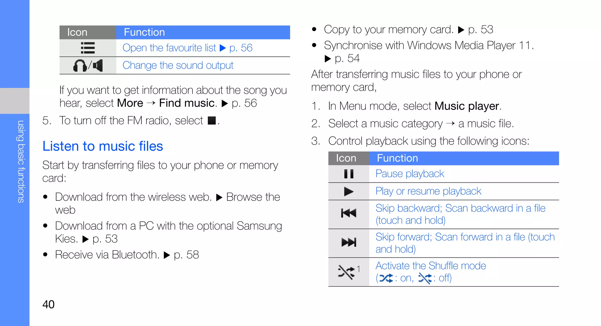 Icon        Function                               • Copy to your memory card. p. 53
                                          Open the favourite list       p. 56    • Synchronise with Windows Media Player 11.
                                                                                       p. 54
                                     /    Change the sound output
                                                                                 After transferring music files to your phone or
                             If you want to get information about the song you   memory card,
                             hear, select More → Find music. p. 56               1. In Menu mode, select Music player.
                        5. To turn off the FM radio, select         .            2. Select a music category → a music file.
using basic functions




                                                                                 3. Control playback using the following icons:
                        Listen to music files
                                                                                      Icon    Function
                        Start by transferring files to your phone or memory
                        card:                                                                 Pause playback
                                                                                              Play or resume playback
                        • Download from the wireless web. Browse the
                          web                                                                 Skip backward; Scan backward in a file
                                                                                              (touch and hold)
                        • Download from a PC with the optional Samsung
                          Kies. p. 53                                                         Skip forward; Scan forward in a file (touch
                                                                                              and hold)
                        • Receive via Bluetooth. p. 58
                                                                                          1   Activate the Shuffle mode
                                                                                              (    : on,    : off)

                        40
 
