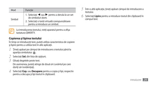 Mod            Funcţie                                                5   Într-o altă aplicaţie, ţineţi apăsat câmpul de introducere a
                                                                            textului.
                 1. Selectaţi ◄ sau ► pentru a derula la un set
                    de simboluri dorit.                                 6   Selectaţi Lipire pentru a introduce textul din clipboard în
  Simbol                                                                    câmpul text.
                 2. Selectaţi o tastă virtuală corespunzătoare
                    pentru a introduce un simbol.

        La introducerea textului, rotiţi aparatul pentru a afişa
        tastatura QWERTY.

Copierea şi lipirea textului
În timp ce introduceţi text, puteţi utiliza caracteristica de copiere
şi lipire pentru a utiliza text în alte aplicaţii.
1   Ţineţi apăsat pe câmpul de introducere a textului până la
    apariţia simbolului .
2   Selectaţi Sel. din lista de opţiuni.
3   Glisaţi degetele peste text.
    De asemenea, puteţi atinge de două ori cuvântul pe care
    doriţi să-l evidenţiaţi.
4   Selectaţi Cop. sau Decupare pentru a copia şi lipi, respectiv
    pentru a decupa şi lipi textul în clipboard.

                                                                                                                          Introducere      29
 