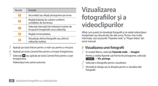 Număr         Funcţie                                         Vizualizarea
         5

         6
                   Ascundeţi sau afişaţi pictograme pe ecran.
                   Reglaţi balanţa de culoare conform              fotografiilor şi a
         7
                   condiţiilor de iluminare.
                   Selectaţi intervalul de întârziere înainte de
                   începutul înregistrării unui videoclip.
                                                                   videoclipurilor
                                                                   Aflaţi cum puteţi să vizualizaţi fotografii şi să redaţi videoclipuri
         8         Reglaţi luminozitatea.                          înregistrate sau descărcate din alte surse. Pentru mai multe
                   Vizualizaţi ultima fotografie sau ultimul       informaţii, vezi secţiunile "Fişierele mele" şi "Player Video" din
         9                                                         acest manual.
                   videoclip realizat.

5   Apăsaţi pe tasta Volum pentru a mări sau pentru a micşora.     ›   Vizualizarea unei fotografii
6   Apăsaţi pe tasta Cameră foto pentru a începe înregistrarea.    1   În modul Meniu, selectaţi Fişierele mele → Imagini.
7   Selectaţi sau apăsaţi pe tasta Cameră foto pentru a opri           Pentru a vedea fişierele sub formă de pictograme, selectaţi
    înregistrarea.                                                              → Viz. pictogr.
    Videoclipul este salvat automat.                               2   Selectaţi o fotografie pentru vizualizare.
                                                                   3   Derulaţi la stânga sau la dreapta pentru a vizualiza alte
                                                                       fotografii.



36 Vizualizarea fotografiilor şi a videoclipurilor
 