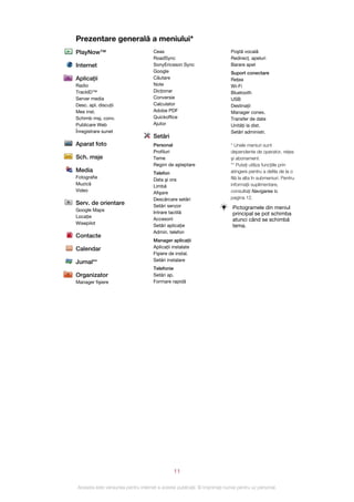 Prezentare generală a meniului*
PlayNow™                             Ceas                                  Poştă vocală
                                     RoadSync                              Redirecţ. apeluri
Internet                             SonyEricsson Sync                     Barare apel
                                     Google                                Suport conectare
Aplicaţii                            Căutare                               Reţea
Radio                                Note                                  Wi-Fi
TrackID™                             Dicţionar                             Bluetooth
Server media                         Conversie                             USB
Desc. apl. discuţii                  Calculator                            Destinaţii
Mes inst.                            Adobe PDF                             Manager conex.
Schimb msj. conv.                    Quickoffice                           Transfer de date
Publicare Web                        Ajutor                                Unităţi la dist.
Înregistrare sunet                                                         Setări administr.
                                     Setări
Aparat foto                          Personal                              * Unele meniuri sunt
                                     Profiluri                             dependente de operator, reţea
Sch. msje                            Teme                                  şi abonament.
                                     Regim de aşteptare                    ** Puteţi utiliza funcţiile prin
Media                                Telefon                               atingere pentru a defila de la o
Fotografie                                                                 filă la alta în submeniuri. Pentru
                                     Data şi ora
Muzică                                                                     informaţii suplimentare,
                                     Limbă
Video                                                                      consultaţi Navigarea la
                                     Afişare
                                     Descărcare setări                     pagina 12.
Serv. de orientare                   Setări senzor
Google Maps                                                                 Pictogramele din meniul
                                     Intrare tactilă                        principal se pot schimba
Locaţie                              Accesorii                              atunci când se schimbă
Wisepilot                            Setări aplicaţie                       tema.
                                     Admin. telefon
Contacte
                                     Manager aplicaţii
Calendar                             Aplicaţii instalate
                                     Fişiere de instal.
Jurnal**                             Setări instalare
                                     Telefonie
Organizator                          Setări ap.
Manager fişiere                      Formare rapidă




                                               11

Aceasta este versiunea pentru Internet a acestei publicaţii. © Imprimaţi numai pentru uz personal.
 