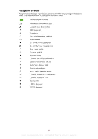 Pictograme de stare
Pictogramele de stare apar în partea de sus a ecranului. Puteţi atinge pictogramele de stare
pentru a vizualiza informaţii în plus sau pentru a modifica setări.

                  Baterie complet încărcată

                  Intensitatea semnalului de reţea
                  Mesaje în cutia de expediere
                  GSM disponibil
                  Apel pierdut
                  Setul Mâini libere este conectat
                  Apel transferat
                  S-a primit un mesaj de tip text
                  S-a primit un nou mesaj de email
                  S-au inserat căştile
                  Conectat la GPS
                  Alarmă activată
                  Conectat prin funcţia Bluetooth™
                  Blocarea tastelor este activată
                  Se transferă date pe USB
                  Se sincronizează date
                  Modul pentru zbor este activat
                  Conectat la reţea Wi-Fi™ securizată
                  Conectat la reţea Wi-Fi™
                  3G disponibil
                  HSDPA disponibil
                  EGPRS disponibil




                                                   17

    Aceasta este versiunea pentru Internet a acestei publicaţii. © Imprimaţi numai pentru uz personal.
 