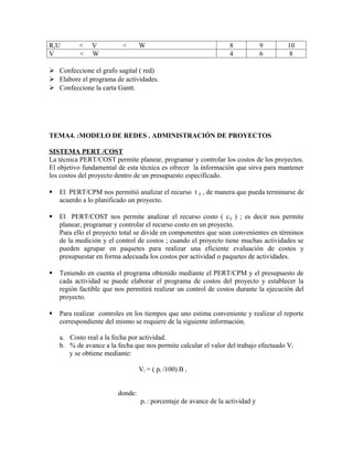 R,U        <   V          <       W                                8            9     10
V          <   W                                                   4            6      8

 Confeccione el grafo sagital ( red)
 Elabore el programa de actividades.
 Confeccione la carta Gantt.




TEMA4. :MODELO DE REDES . ADMINISTRACIÓN DE PROYECTOS

SISTEMA PERT /COST
La técnica PERT/COST permite planear, programar y controlar los costos de los proyectos.
El objetivo fundamental de esta técnica es ofrecer la información que sirva para mantener
los costos del proyecto dentro de un presupuesto especificado.

   El PERT/CPM nos permitió analizar el recurso t ij , de manera que pueda terminarse de
    acuerdo a lo planificado un proyecto.

   El PERT/COST nos permite analizar el recurso costo ( c ij ) ; es decir nos permite
    planear, programar y controlar el recurso costo en un proyecto.
    Para ello el proyecto total se divide en componentes que sean convenientes en términos
    de la medición y el control de costos ; cuando el proyecto tiene muchas actividades se
    pueden agrupar en paquetes para realizar una eficiente evaluación de costos y
    presupuestar en forma adecuada los costos por actividad o paquetes de actividades.

   Teniendo en cuenta el programa obtenido mediante el PERT/CPM y el presupuesto de
    cada actividad se puede elaborar el programa de costos del proyecto y establecer la
    región factible que nos permitirá realizar un control de costos durante la ejecución del
    proyecto.

   Para realizar controles en los tiempos que uno estima conveniente y realizar el reporte
    correspondiente del mismo se requiere de la siguiente información.

    a. Costo real a la fecha por actividad.
    b. % de avance a la fecha que nos permite calcular el valor del trabajo efectuado Vi
       y se obtiene mediante:

                                  Vi = ( pi /100) B i


                         donde:
                                  pi : porcentaje de avance de la actividad y
 