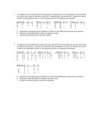 3.    Un estudiante está considerando para fiestas patrias la adquisición de una computadora y ha considerado
     tres criterios qué varían en términos de precio(P) , capacidad (Q) y presentación (F). Después de realizar
     el análisis correspondiente cuenta con las siguientes matrices de comparaciones pareadas.

     Criterio P       Q      F         Precio   A   B C        Calidad   A    B    C      Forma   A      B C
     P        1       3      4         A        1   4 2         A        1                A       1      4  2
     Q                1      3          B                       B        2                B                 1
     F                                  C           3           C        4    3           C

     a.    Represente la jerarquía para este problema y calcule las prioridades para cada una de las matrices.
     b.    Determine la prioridad global e indique la decisión a tomar.
     c.    Evalúe la consistencia para la matriz de calidad.




4.    Un Ingeniero está considerando la adquisición de un automóvil y ha considerado tres criterios qué varían
     en términos de precio(P) , consumo de combustible (Q) comodidad (F) y estilo (G). Después de realizar
     el análisis correspondiente cuenta con las siguientes matrices de comparaciones pareadas.

     Criterio   P     Q     F G Precio          A B C              (Q) A B          C      ( F)   A      B C
     P           1    3     2 2     A           1 1/3 1/4            A 1 ¼          1/6       A   1     2   8
     Q          1/3   1    1/4 1/4  B           3 1 1/2               B 4 1         1/3       B   ½     1   6
     F          1/2   4     1  1/ 2 C           4 2 1                 C 6 3         1        C    1/8   1/6 1
     G          ½     4    2   1


     Estilo (G)       A          B      C

       A              1          1/3    4
       B              3           1     7
       C              ¼          1/7     1

     d.    Represente la jerarquía para este problema y calcule las prioridades para cada una de las matrices.
     e.    Determine la prioridad global e indique la decisión a tomar.
     f.    Evalúe la consistencia para la matriz de combustible.
 