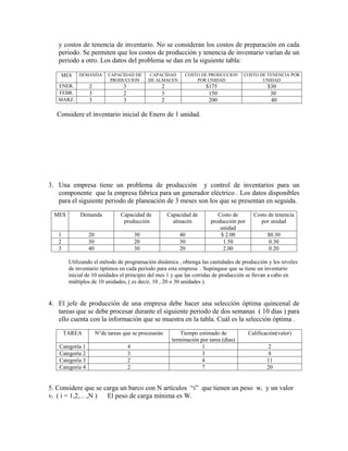 y costos de tenencia de inventario. No se consideran los costos de preparación en cada
   periodo. Se permiten que los costos de producción y tenencia de inventario varían de un
   periodo a otro. Los datos del problema se dan en la siguiente tabla:

    MES     DEMANDA        CAPACIDAD DE        CAPACIDAD      COSTO DE PRODUCCION      COSTO DE TENENCIA POR
                            PRODUCCION         DE ALMACEN         POR UNIDAD                  UNIDAD
   ENER.         2                3                2                   $175                       $30
   FEBR.         3                2                3                    150                        30
   MARZ.         3                3                2                    200                        40

   Considere el inventario inicial de Enero de 1 unidad.




3. Una empresa tiene un problema de producción y control de inventarios para un
   componente que la empresa fabrica para un generador eléctrico . Los datos disponibles
   para el siguiente periodo de planeación de 3 meses son los que se presentan en seguida.

  MES        Demanda             Capacidad de          Capacidad de         Costo de        Costo de tenencia
                                  producción             almacén         producción por        por unidad
                                                                             unidad
   1             20                       30                40               $ 2.00               $0.30
   2             30                       20                30                1.50                 0.30
   3             40                       30                20                2.00                 0.20

        Utilizando el método de programación dinámica , obtenga las cantidades de producción y los niveles
        de inventario óptimos en cada periodo para esta empresa . Supóngase que se tiene un inventario
        inicial de 10 unidades el principio del mes 1 y que las corridas de producción se llevan a cabo en
        múltiplos de 10 unidades, ( es decir, 10 , 20 o 30 unidades ).


4. El jefe de producción de una empresa debe hacer una selección óptima quincenal de
   tareas que se debe procesar durante el siguiente periodo de dos semanas ( 10 días ) para
   ello cuenta con la información que se muestra en la tabla. Cuál es la selección óptima .

       TAREA          N°de tareas que se procesarán         Tiempo estimado de            Calificación(valor)
                                                        terminación por tarea (días)
   Categoría 1                        4                              1                             2
   Categoría 2                        3                              3                             8
   Categoría 3                        2                              4                            11
   Categoría 4                        2                              7                            20


5. Considere que se carga un barco con N artículos “i” que tienen un peso wi y un valor
vi ( i = 1,2,…,N )   El peso de carga mínima es W.
 