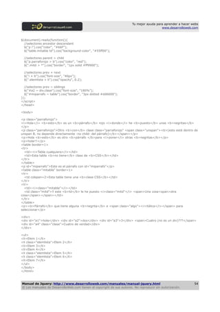Tu mejor ayuda para aprender a hacer webs
                                                                                         www.desarrolloweb.com



$(document).ready(function(){
  //selectores ancestor descendant
  $("p i").css("color", "#66F");
  $("table.mitabla td").css("background-color", "#55ff00");

  //selectores parent > child
  $("p.parraforojo > b").css("color", "red");
  $(".mitd > *").css("border", "1px solid #ff9900");

  //selectores prev + next
  $("i + b").css("font-size", "40px");
  $(".elemlista + li").css("opacity", 0.2);

  //selectores prev ~ siblings
  $("#a2 ~ div.clase").css("font-size", "180%");
  $("#miparrafo ~ table").css("border", "3px dotted #dd6600");
});
</script>
</head>

<body>

<p class="parraforojo">
<i>Hola</i> <b>esto</b> es un <b>párrafo</b> rojo <i>donde</i> he <b>puesto</b> unas <b>negritas</b>
</p>
<p class="parraforojo">Otro <b>con</b> clase class="parraforojo" <span class="unspan"><b>(esto está dentro de
unspan B, no depende directamente -no child- del párrafo)</b></span></p>
<p>Hola <b>esto</b> es otro <b>párrafo </b>para <i>poner</i> otras <b>negritas</b></p>
<p>hola!!!</p>
<table border=1>
<tr>
  <td><i>Tabla cualquiera</i></td>
  <td>Esta tabla <b>no tiene</b> class de <b>CSS</b></td>
</tr>
</table>
<p id="miparrafo">Este es el párrafo con id="miparrafo"</p>
<table class="mitabla" border=1>
<tr>
  <td colspan=2>Esta tabla tiene una <b>clase CSS</b></td>
</tr>
<tr>
  <td><i>class="mitabla"</i></td>
  <td class="mitd">Y este <b>td</b> le he puesto <i>class="mitd"</i> <span>Una cosa<span>otra
cosa</span></span></td>
</tr>
</table>
<p><b>Párrafo</b> que tiene alguna <b>negrita</b> e <span class="algo"><i>itálica</i></span> para
seleccionar</p>

<div>
<div id="a1">hola</div> <div id="a2">dos</div> <div id="a3">3</div> <span>Cuatro (no es un div)???</span>
<div id="a4" class="clase">Cuatro de verdad</div>
</div>

<ul>
<li>Elem 1</li>
<li class="elemlista">Elem 2</li>
<li>Elem 3</li>
<li>Elem 4</li>
<li class="elemlista">Elem 5</li>
<li class="elemlista">Elem 6</li>
<li>Elem 7</li>
</ul>
</body>
</html>



Manual de Jquery: http://www.desarrolloweb.com/manuales/manual-jquery.html                                   54
© Los manuales de DesarrolloWeb.com tienen el copyright de sus autores. No reproducir sin autorización.
 