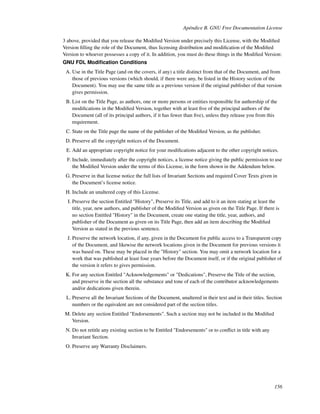 Apéndice B. GNU Free Documentation License

3 above, provided that you release the Modiﬁed Version under precisely this License, with the Modiﬁed
Version ﬁlling the role of the Document, thus licensing distribution and modiﬁcation of the Modiﬁed
Version to whoever possesses a copy of it. In addition, you must do these things in the Modiﬁed Version:
GNU FDL Modiﬁcation Conditions
 A. Use in the Title Page (and on the covers, if any) a title distinct from that of the Document, and from
    those of previous versions (which should, if there were any, be listed in the History section of the
    Document). You may use the same title as a previous version if the original publisher of that version
    gives permission.
 B. List on the Title Page, as authors, one or more persons or entities responsible for authorship of the
    modiﬁcations in the Modiﬁed Version, together with at least ﬁve of the principal authors of the
    Document (all of its principal authors, if it has fewer than ﬁve), unless they release you from this
    requirement.
 C. State on the Title page the name of the publisher of the Modiﬁed Version, as the publisher.
 D. Preserve all the copyright notices of the Document.
 E. Add an appropriate copyright notice for your modiﬁcations adjacent to the other copyright notices.
  F. Include, immediately after the copyright notices, a license notice giving the public permission to use
     the Modiﬁed Version under the terms of this License, in the form shown in the Addendum below.
 G. Preserve in that license notice the full lists of Invariant Sections and required Cover Texts given in
    the Document’s license notice.
 H. Include an unaltered copy of this License.
  I. Preserve the section Entitled "History", Preserve its Title, and add to it an item stating at least the
     title, year, new authors, and publisher of the Modiﬁed Version as given on the Title Page. If there is
     no section Entitled "History" in the Document, create one stating the title, year, authors, and
     publisher of the Document as given on its Title Page, then add an item describing the Modiﬁed
     Version as stated in the previous sentence.
  J. Preserve the network location, if any, given in the Document for public access to a Transparent copy
     of the Document, and likewise the network locations given in the Document for previous versions it
     was based on. These may be placed in the "History" section. You may omit a network location for a
     work that was published at least four years before the Document itself, or if the original publisher of
     the version it refers to gives permission.
 K. For any section Entitled "Acknowledgements" or "Dedications", Preserve the Title of the section,
    and preserve in the section all the substance and tone of each of the contributor acknowledgements
    and/or dedications given therein.
 L. Preserve all the Invariant Sections of the Document, unaltered in their text and in their titles. Section
    numbers or the equivalent are not considered part of the section titles.
 M. Delete any section Entitled "Endorsements". Such a section may not be included in the Modiﬁed
    Version.
 N. Do not retitle any existing section to be Entitled "Endorsements" or to conﬂict in title with any
    Invariant Section.
 O. Preserve any Warranty Disclaimers.




                                                                                                         156
 