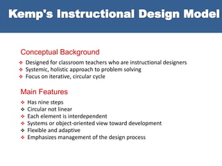  Designed for classroom teachers who are instructional designers
 Systemic, holistic approach to problem solving
 Focus on iterative, circular cycle
 Has nine steps
 Circular not linear
 Each element is interdependent
 Systems or object-oriented view toward development
 Flexible and adaptive
 Emphasizes management of the design process
Conceptual Background
Main Features
 