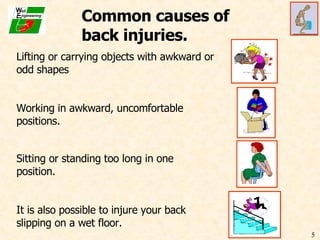 Common causes of  back injuries. Lifting or carrying objects with awkward or odd shapes Working in awkward, uncomfortable positions. Sitting or standing too long in one position.  It is also possible to injure your back slipping on a wet floor. 