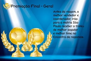 Antes da viagem, o
melhor vendedor e
coordenador, irão
para a matriz São
Paulo receber o troféu
de melhor jogador
e melhor time no
Encontro de regionais.
Premiação Final - Geral
 