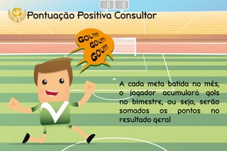 Pontuação Positiva Consultor
A cada meta batida no mês,
o jogador acumulará gols
no bimestre, ou seja, serão
somados os pontos no
resultado geral
 