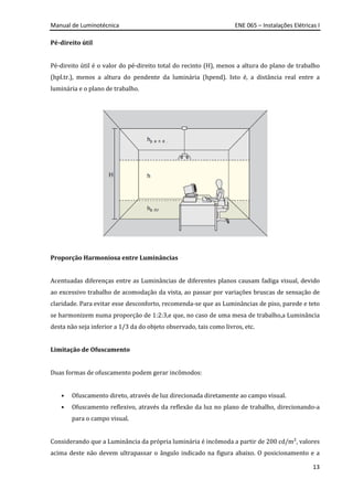 Manual de Luminotécnica ENE 065 – Instalações Elétricas I
13
Pé-direito útil
Pé-direito útil é o valor do pé-direito total do recinto (H), menos a altura do plano de trabalho
(hpl.tr.), menos a altura do pendente da luminária (hpend). Isto é, a distância real entre a
luminária e o plano de trabalho.
Proporção Harmoniosa entre Luminâncias
Acentuadas diferenças entre as Luminâncias de diferentes planos causam fadiga visual, devido
ao excessivo trabalho de acomodação da vista, ao passar por variações bruscas de sensação de
claridade. Para evitar esse desconforto, recomenda-se que as Luminâncias de piso, parede e teto
se harmonizem numa proporção de 1:2:3,e que, no caso de uma mesa de trabalho,a Luminância
desta não seja inferior a 1/3 da do objeto observado, tais como livros, etc.
Limitação de Ofuscamento
Duas formas de ofuscamento podem gerar incômodos:
• Ofuscamento direto, através de luz direcionada diretamente ao campo visual.
• Ofuscamento reflexivo, através da reflexão da luz no plano de trabalho, direcionando-a
para o campo visual.
Considerando que a Luminância da própria luminária é incômoda a partir de 200 cd/m², valores
acima deste não devem ultrapassar o ângulo indicado na figura abaixo. O posicionamento e a
 