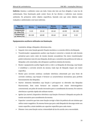 Manual de Luminotécnica ENE 065 – Instalações Elétricas I
15
Indireta: ilumina o ambiente como um todo. Como não tem um foco dirigido, é uma luz de
ambientação. Uma iluminação pode conter focos de luz diretos e indiretos num mesmo
ambiente. Os primeiros sobre objetos específicos, fazendo com que estes objetos sejam
realçados e ambientados com luzes indiretas.
Tipo de
Iluminação
Direta Semi-direta
Direta-
Indireta
Semi-
indireta
Indireta
Componente
p/ cima (%)
0-20 20-40 40-60 60-80 80-100
Componente
p/ baixo (%)
80-100 60-80 40-60 20-40 0-20
Equipamentos auxiliares utilizados em iluminação
• Luminária: abriga a lâmpada e direciona a luz.
• Soquete: tem como função garantir fixação mecânica e a conexão elétrica da lâmpada.
• Transformador: equipamento auxiliar cuja função é converter a tensão de rede (tensão
primária) para outro valor de tensão (tensão secundária). Um único transformador
poderá alimentar mais de uma lâmpada, desde que a somatória das potências de todas as
lâmpadas a ele conectadas, não ultrapasse a potência máxima do mesmo.
• Reator: equipamento auxiliar ligado entre a rede e as lâmpadas de descarga, cuja função
é estabilizar a corrente através da mesma. Cada tipo de lâmpada requer um reator
específico.
• Reator para corrente contínua: oscilador eletrônico alimentado por uma fonte de
corrente contínua, cuja função é fornecer as características necessárias para perfeito
funcionamento das lâmpadas.
• Starter: elemento bimetálico cuja função é pré-aquecer os eletrodos das lâmpadas
fluorescentes, bem como fornecer em conjunto com reator eletromagnético
convencional, um pulso de tensão necessário para o acendimento da mesma. Os reatores
eletrônicos e partida rápida não utilizam starter.
• Ignitor (ou starter): dispositivo eletrônico cuja função é fornecer à lâmpada um pulso de
tensão necessário para acendimento da mesma.
• Capacitor: acessório que tem como função corrigir o fator de potência de um sistema que
utiliza reator magnético. Da mesma forma que para cada lâmpada de descarga existe seu
reator específico, existe também um capacitor específico para cada reator.
• Dimmer: tem como função variar a intensidade da luz de acordo com a necessidade.
 
