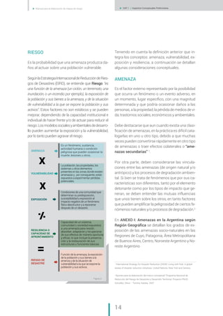 14
„ Manual para la elaboración de mapas de riesgo „ CAP. 1 // Aspectos Conceptuales Preliminares
RIESGO
Es la probabilidad que una amenaza produzca da-
ños al actuar sobre una población vulnerable.
SegúnlaEstrategiaInternacionaldeReduccióndeRies-
gos de Desastres (EIRD), se entiende que Riesgo: “es
una función de la amenaza (un ciclón, un terremoto, una
inundación, o un incendio por ejemplo), la exposición de
la población y sus bienes a la amenaza, y de la situación
de vulnerabilidad a la que se expone la población y sus
activos”. Estos factores no son estáticos y se pueden
mejorar, dependiendo de la capacidad institucional e
individual de hacer frente y/o de actuar para reducir el
riesgo.Losmodelossocialesyambientalesdedesarro-
llo pueden aumentar la exposición y la vulnerabilidad,
por lo tanto pueden agravar el riesgo.
Teniendo en cuenta la definición anterior que in-
tegra los conceptos: amenaza, vulnerabilidad, ex-
posición y resiliencia, a continuación se detallan
algunas consideraciones conceptuales.
AMENAZA
Es el factor externo representado por la posibilidad
que ocurra un fenómeno o un evento adverso, en
un momento, lugar específico, con una magnitud
determinada y que podría ocasionar daños a las
personas, a la propiedad; la pérdida de medios de vi-
da; trastornos sociales, económicos y ambientales.
Debe destacarse que aun cuando exista una clasi-
ficación de amenazas, en la práctica es difícil cata-
logarlas en uno u otro tipo, debido a que muchas
veces pueden convertirse rápidamente en otro tipo
de amenazas o traer efectos colaterales o “ame-
nazas secundarias” 1
.
Por otra parte, deben considerarse las vincula-
ciones entre las amenazas (de origen natural y/o
antrópico) y los procesos de degradación ambien-
tal. Si bien se trata de fenómenos que por sus ca-
racterísticas son diferentes, tanto por el elemento
detonante como por los tipos de impacto que ge-
neran, se deben entender las mutuas influencias
que unos tienen sobre los otros, en tanto factores
que pueden amplificar la peligrosidad de ciertos fe-
nómenos naturales y/o procesos de degradación.2
En ANEXO I: Amenazas en la Argentina según
Región Geográfica se detallan los grados de ex-
posición de las amenazas socio-naturales en las
Regiones de Cuyo, Patagonia, Área Metropolitana
de Buenos Aires, Centro, Noroeste Argentino y No-
reste Argentino
1
International Strategy for Disaster Reduction (2004): Living with Risk. A global
review of disaster reduction initiatives. United Nations, New York and Geneva.
2
Aportes para la elaboración del marco conceptual” Programa Nacional de
Reducción del Riesgo de Desastres y Desarrollo Territorial. Proyecto PNUD
González, Silvia – Torchia, Natalia. 2007
AMENAZA
Es un fenómeno, sustancia,
actividad humana o condición
peligrosa que pueden ocasionar la
muerte, lesiones u otros.
x
x
=
VULNERABILIDAD
La población, las propiedades, los
sistemas u otros elementos
presentes en las zonas donde existen
amenazas y , por consiguiente, están
expuestos a experimentar pérdidas
potenciales.
EXPOSICIÓN
RIESGO DE
DESASTRE
RESILIENCIA O
CAPACIDAD DE
AFRONTAMIENTO
Condiciones de una comunidad que
determinan su predisposición,
susceptibilidad y exposición al
impacto negativo de un fenómeno
físico desctructor y a reponerse
después de un desastre.
Capacidad de un sistema,
comunidad o sociedad expuestos
a una amenaza para resistir,
absorber, adaptarse y recuperarse
de sus efectos de manera oportuna
y eﬁcaz, lo que incluye la preserva-
ción y la restauración de sus
estructuras y funciones básicas.
Función de la amenaza, la exposición
de la población y sus bienes a la
amenza y de la situación de
vulnerabilidad a la que se expone la
población y sus activos.
Figura 2
 