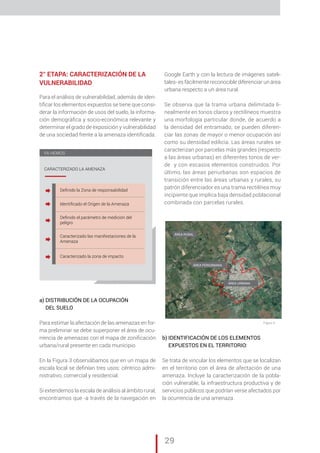 „ CAP. 1 // Metodología para la elaboración de Mapas de Riesgo
29
2° ETAPA: CARACTERIZACIÓN DE LA
VULNERABILIDAD
Para el análisis de vulnerabilidad, además de iden-
tificar los elementos expuestos se tiene que consi-
derar la información de usos del suelo, la informa-
ción demográfica y socio-económica relevante y
determinar el grado de exposición y vulnerabilidad
de una sociedad frente a la amenaza identificada.
a)	DISTRIBUCIÓN DE LA OCUPACIÓN
DEL SUELO
Para estimar la afectación de las amenazas en for-
ma preliminar se debe superponer el área de ocu-
rrencia de amenazas con el mapa de zonificación
urbana/rural presente en cada municipio.
En la Figura 3 observábamos que en un mapa de
escala local se definían tres usos: céntrico admi-
nistrativo, comercial y residencial.
Si extendemos la escala de análisis al ámbito rural,
encontramos que -a través de la navegación en
Google Earth y con la lectura de imágenes sateli-
tales- es fácilmente reconocible diferenciar un área
urbana respecto a un área rural.
Se observa que la trama urbana delimitada li-
nealmente en tonos claros y rectilíneos muestra
una morfología particular donde, de acuerdo a
la densidad del entramado, se pueden diferen-
ciar las zonas de mayor o menor ocupación así
como su densidad edilicia. Las áreas rurales se
caracterizan por parcelas más grandes (respecto
a las áreas urbanas) en diferentes tonos de ver-
de y con escasos elementos construidos. Por
último, las áreas periurbanas son espacios de
transición entre las áreas urbanas y rurales, su
patrón diferenciador es una trama rectilínea muy
incipiente que implica baja densidad poblacional
combinada con parcelas rurales.
CARACTERIZADO LA AMENAZA
YA HEMOS
Deﬁnido la Zona de responsabilidad
Identiﬁcado el Origen de la Amenaza
Deﬁnido el parámetro de medición del
peligro
Caracterizado las manifestaciones de la
Amenaza
Caracterizado la zona de impacto
	
b)	IDENTIFICACIÓN DE LOS ELEMENTOS
EXPUESTOS EN EL TERRITORIO:
Se trata de vincular los elementos que se localizan
en el territorio con el área de afectación de una
amenaza. Incluye la caracterización de la pobla-
ción vulnerable, la infraestructura productiva y de
servicios públicos que podrían verse afectados por
la ocurrencia de una amenaza.
	
ÁREA RURAL
ÁREA PERIURBANA
ÁREA URBANA
Figura 5
 