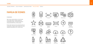 ÍCONES
FUNCIONAIS
São ícones relacionados a uma função
como ação (play), direção (setas de
sinalização e gps), indicação (banheiro
masculino/feminino), entre outras.
Muitos são releituras de representações já
conhecidas. Mesmo assim devem ter uma
relação proprietária com o estilo da Oi.
FAMÍLIA DE ÍCONES
45
DECISÕES E PRINCÍPIOS ESTILOS E TAMANHOS CONSTRUÇÃO DE ÍCONES FAMÍLIA DE ÍCONES BUNDLES
 