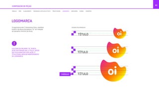 COMPOSIÇÃO DE PEÇAS
63
LOGOMARCA
A logomarca tem 3 tamanhos fixos, medidos
à partir da altura da palavra “oi” em relação
ao tamanho mínimo do título.
A ALTURA DA PALAVRA “OI” NUNCA
DEVE SER MENOR QUE O TÍTULO. DESDE
QUE SEJA MANTIDA A RELAÇÃO, O
TÍTULO PODE CRESCER INDEPENDENTE
DA LOGOMARCA.
TAMANHO RECOMENDADO
1 MÓDULO
MÓDULO GRID ALINHAMENTO TAMANHOS E ESTILOS DE TEXTO PRECIFICAÇÃO LOGOMARCA GRAFISMOS ÍCONES FORMATOS
 