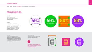 ELEMENTOS DE APOIO
80
FORMA
Sempre preenchida.
Não utilizamos contornos,
oupontilhados.
CORES
Sempre a cor primária e
secundária correspondentes
da peça. Para casos que a
forma estiver preenchida por
uma das cores da Oi, a cor do
texto é amarelo ou branco.
ÍCONES
O colchete é a referência de
tamanho e margem para o ícone.
Para quadrados e retângulos ele é
a mergem absoluta, já os círculos
se alinham pelas hastes internas
dos colchetes.
ALINHAMENTO
Tanto na horizontal quanto na
vertical a partir do meio.
A RELAÇÃO DE PROPORÇÃO
DOS ÍCONES E DOS COLCHETES
É SEMPRE AMESMA
LINHAS BOXES TABELAS SELOS SIMPLES SELOS DIRECIONAIS SELOS ESPECIAIS
SELOS SIMPLES
 