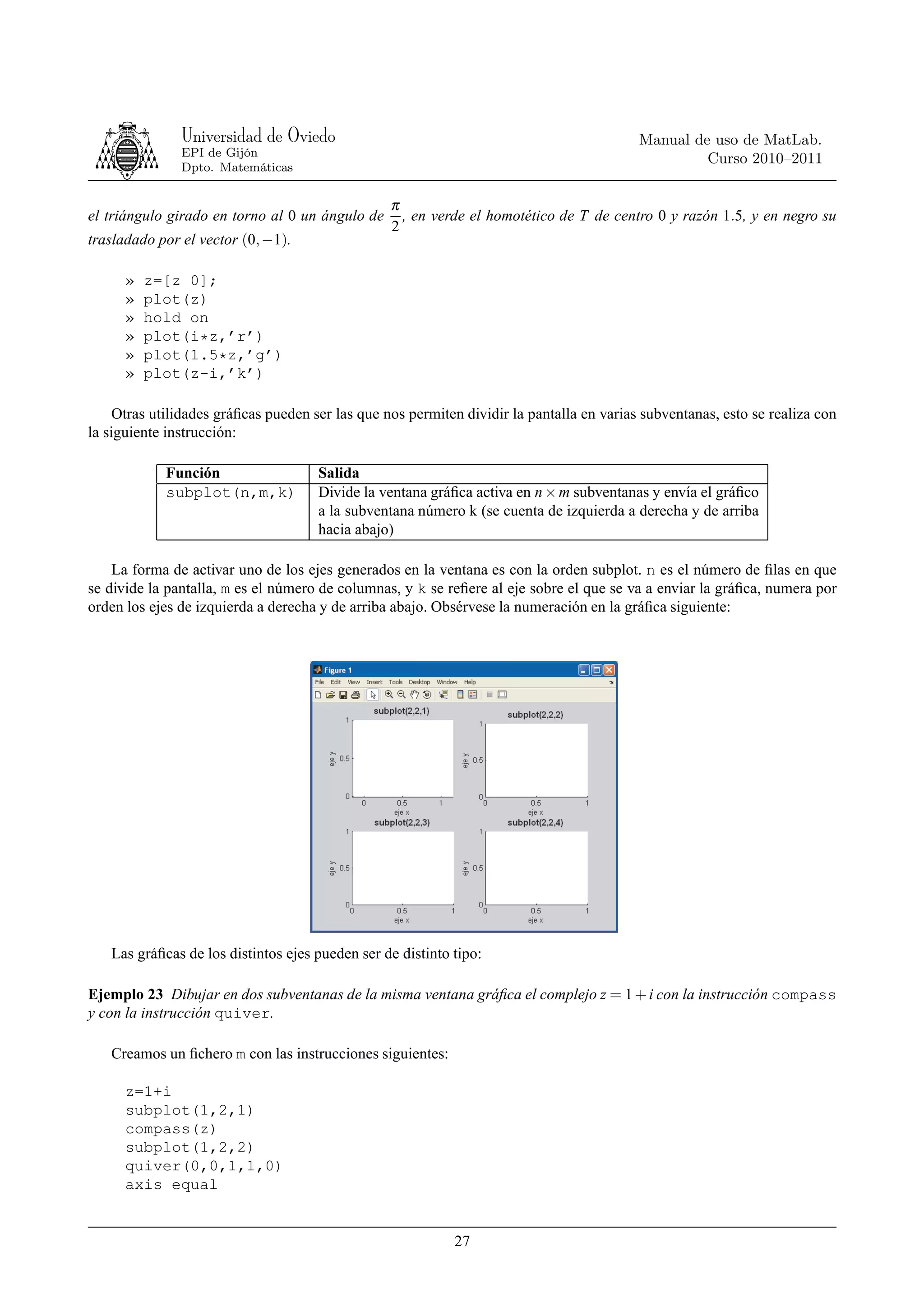 Universidad de Oviedo                                                       Manual de uso de MatLab.
               EPI de Gijón
                                                                                                    Curso 2010–2011
               Dpto. Matemáticas


                                                  π
el triángulo girado en torno al 0 un ángulo de      , en verde el homotético de T de centro 0 y razón 1.5, y en negro su
                                                  2
trasladado por el vector (0, −1).

      »   z=[z 0];
      »   plot(z)
      »   hold on
      »   plot(i*z,’r’)
      »   plot(1.5*z,’g’)
      »   plot(z-i,’k’)

     Otras utilidades gráﬁcas pueden ser las que nos permiten dividir la pantalla en varias subventanas, esto se realiza con
la siguiente instrucción:

            Función                   Salida
            subplot(n,m,k)            Divide la ventana gráﬁca activa en n × m subventanas y envía el gráﬁco
                                      a la subventana número k (se cuenta de izquierda a derecha y de arriba
                                      hacia abajo)

    La forma de activar uno de los ejes generados en la ventana es con la orden subplot. n es el número de ﬁlas en que
se divide la pantalla, m es el número de columnas, y k se reﬁere al eje sobre el que se va a enviar la gráﬁca, numera por
orden los ejes de izquierda a derecha y de arriba abajo. Obsérvese la numeración en la gráﬁca siguiente:




   Las gráﬁcas de los distintos ejes pueden ser de distinto tipo:

Ejemplo 23 Dibujar en dos subventanas de la misma ventana gráﬁca el complejo z = 1 + i con la instrucción compass
y con la instrucción quiver.

   Creamos un ﬁchero m con las instrucciones siguientes:

      z=1+i
      subplot(1,2,1)
      compass(z)
      subplot(1,2,2)
      quiver(0,0,1,1,0)
      axis equal


                                                            27
 