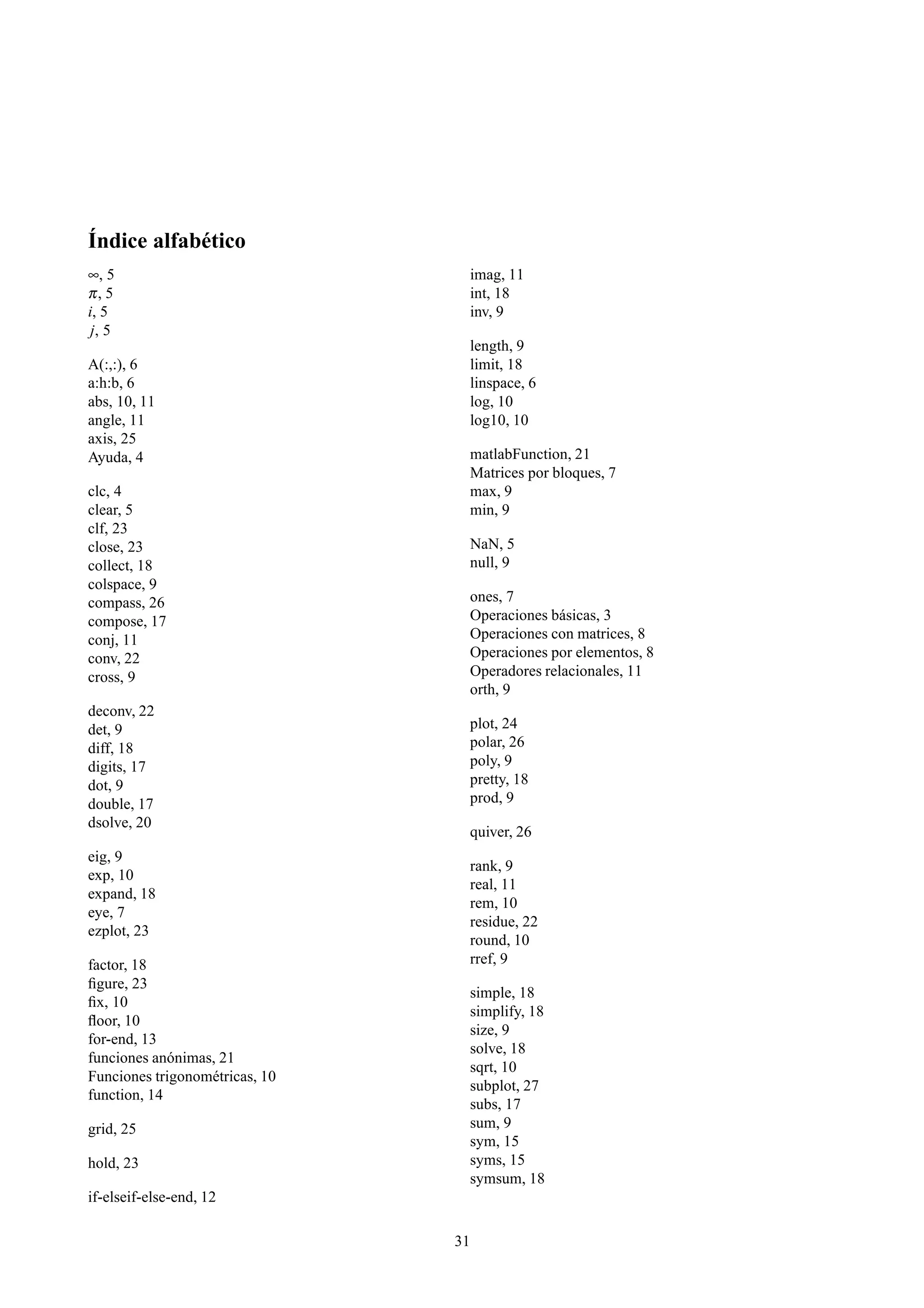 Índice alfabético
∞, 5                             imag, 11
π, 5                             int, 18
i, 5                             inv, 9
 j, 5
                                 length, 9
A(:,:), 6                        limit, 18
a:h:b, 6                         linspace, 6
abs, 10, 11                      log, 10
angle, 11                        log10, 10
axis, 25
Ayuda, 4                         matlabFunction, 21
                                 Matrices por bloques, 7
clc, 4                           max, 9
clear, 5                         min, 9
clf, 23
close, 23                        NaN, 5
collect, 18                      null, 9
colspace, 9
compass, 26                      ones, 7
compose, 17                      Operaciones básicas, 3
conj, 11                         Operaciones con matrices, 8
conv, 22                         Operaciones por elementos, 8
cross, 9                         Operadores relacionales, 11
                                 orth, 9
deconv, 22
det, 9                           plot, 24
diff, 18                         polar, 26
digits, 17                       poly, 9
dot, 9                           pretty, 18
double, 17                       prod, 9
dsolve, 20
                                 quiver, 26
eig, 9
                                 rank, 9
exp, 10
                                 real, 11
expand, 18
                                 rem, 10
eye, 7
                                 residue, 22
ezplot, 23
                                 round, 10
factor, 18                       rref, 9
ﬁgure, 23
                                 simple, 18
ﬁx, 10
                                 simplify, 18
ﬂoor, 10
                                 size, 9
for-end, 13
                                 solve, 18
funciones anónimas, 21
                                 sqrt, 10
Funciones trigonométricas, 10
                                 subplot, 27
function, 14
                                 subs, 17
grid, 25                         sum, 9
                                 sym, 15
hold, 23                         syms, 15
                                 symsum, 18
if-elseif-else-end, 12

                                31
 