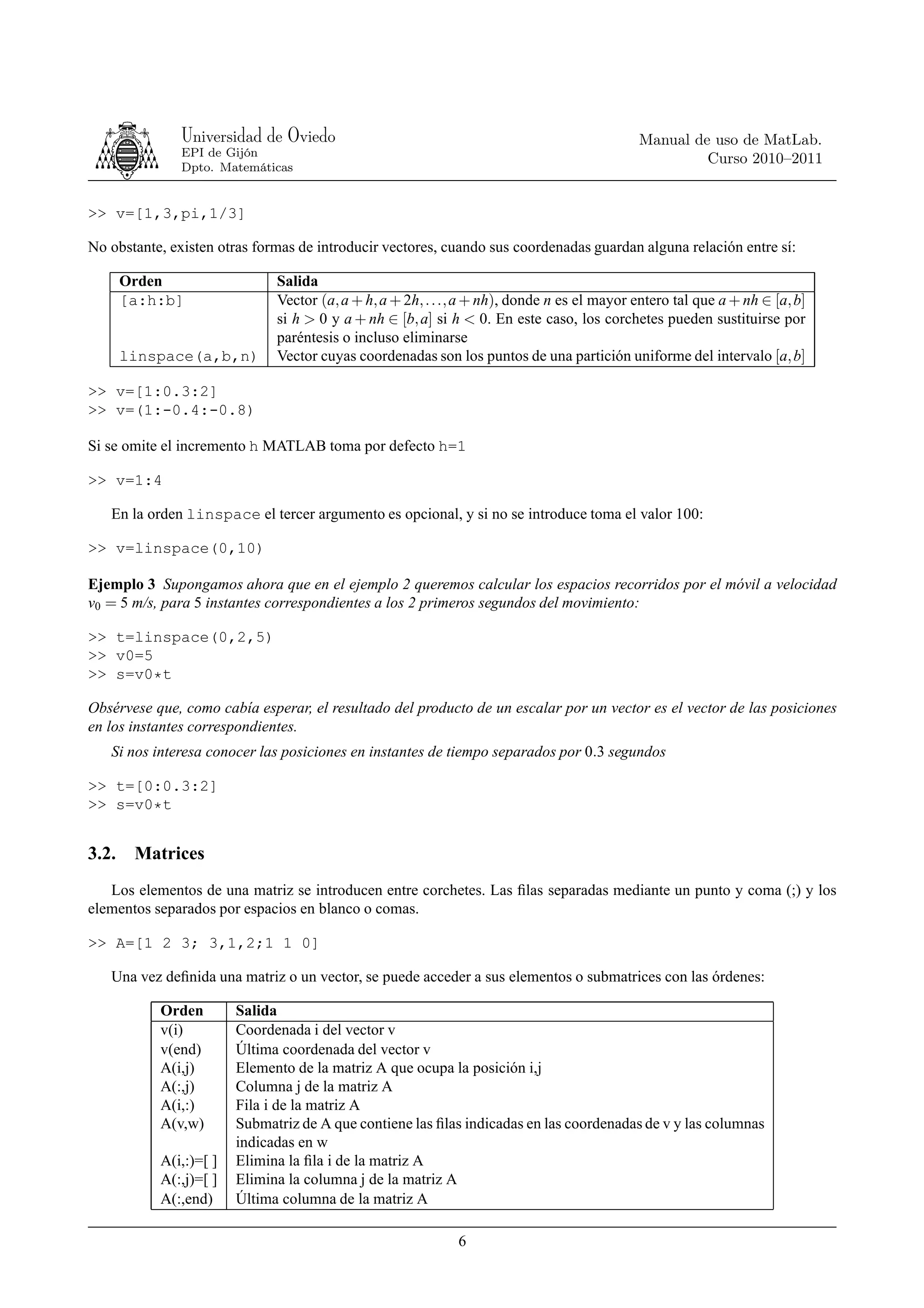 Universidad de Oviedo                                                         Manual de uso de MatLab.
               EPI de Gijón
                                                                                                      Curso 2010–2011
               Dpto. Matemáticas


>> v=[1,3,pi,1/3]

No obstante, existen otras formas de introducir vectores, cuando sus coordenadas guardan alguna relación entre sí:

       Orden                  Salida
       [a:h:b]                Vector (a, a + h, a + 2h, . . ., a + nh), donde n es el mayor entero tal que a + nh ∈ [a, b]
                              si h > 0 y a + nh ∈ [b, a] si h < 0. En este caso, los corchetes pueden sustituirse por
                              paréntesis o incluso eliminarse
       linspace(a,b,n)        Vector cuyas coordenadas son los puntos de una partición uniforme del intervalo [a, b]

>> v=[1:0.3:2]
>> v=(1:-0.4:-0.8)

Si se omite el incremento h MATLAB toma por defecto h=1

>> v=1:4

   En la orden linspace el tercer argumento es opcional, y si no se introduce toma el valor 100:

>> v=linspace(0,10)

Ejemplo 3 Supongamos ahora que en el ejemplo 2 queremos calcular los espacios recorridos por el móvil a velocidad
v0 = 5 m/s, para 5 instantes correspondientes a los 2 primeros segundos del movimiento:

>> t=linspace(0,2,5)
>> v0=5
>> s=v0*t

Obsérvese que, como cabía esperar, el resultado del producto de un escalar por un vector es el vector de las posiciones
en los instantes correspondientes.
   Si nos interesa conocer las posiciones en instantes de tiempo separados por 0.3 segundos

>> t=[0:0.3:2]
>> s=v0*t


3.2.    Matrices
   Los elementos de una matriz se introducen entre corchetes. Las ﬁlas separadas mediante un punto y coma (;) y los
elementos separados por espacios en blanco o comas.

>> A=[1 2 3; 3,1,2;1 1 0]

   Una vez deﬁnida una matriz o un vector, se puede acceder a sus elementos o submatrices con las órdenes:

           Orden        Salida
           v(i)         Coordenada i del vector v
           v(end)       Última coordenada del vector v
           A(i,j)       Elemento de la matriz A que ocupa la posición i,j
           A(:,j)       Columna j de la matriz A
           A(i,:)       Fila i de la matriz A
           A(v,w)       Submatriz de A que contiene las ﬁlas indicadas en las coordenadas de v y las columnas
                        indicadas en w
           A(i,:)=[ ]   Elimina la ﬁla i de la matriz A
           A(:,j)=[ ]   Elimina la columna j de la matriz A
           A(:,end)     Última columna de la matriz A

                                                             6
 